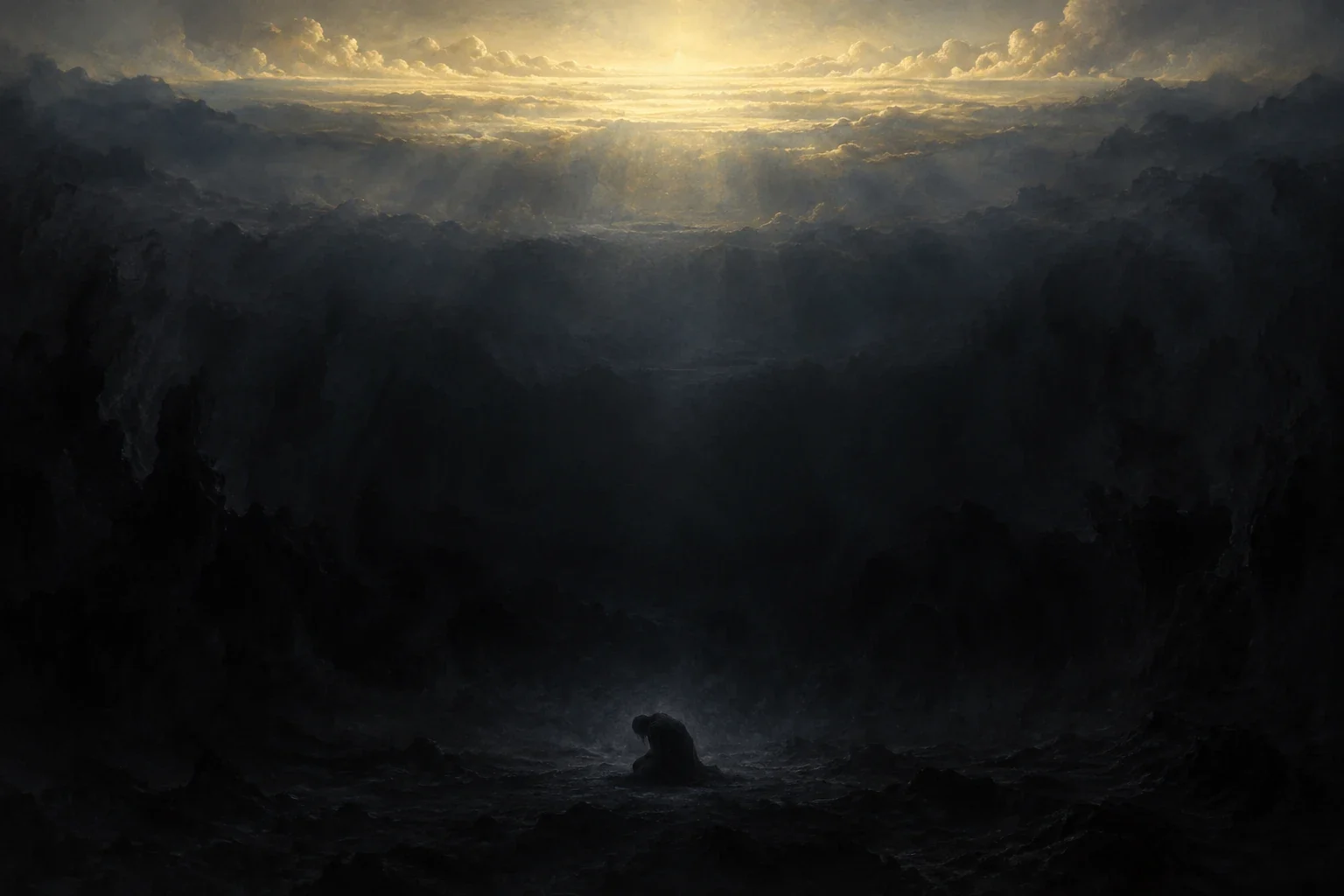 Small indistinct kneeling shadow-form in a symbolic dark abyss beneath distant light