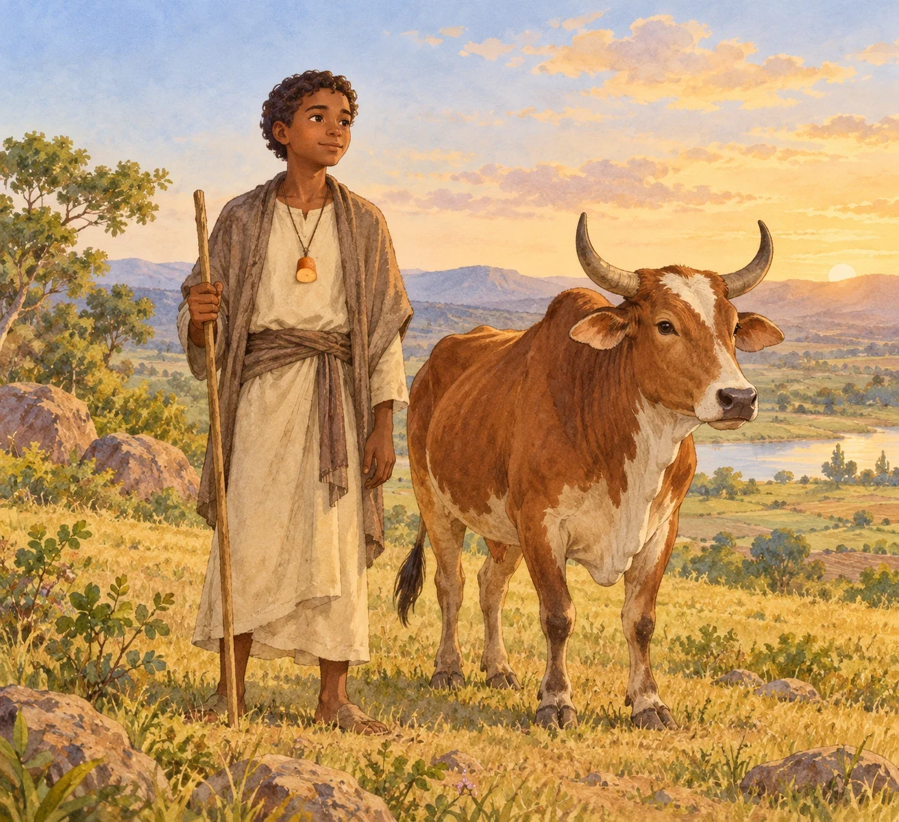 A fully clothed young herder with a root-like token on a neck string stands beside an ox.
