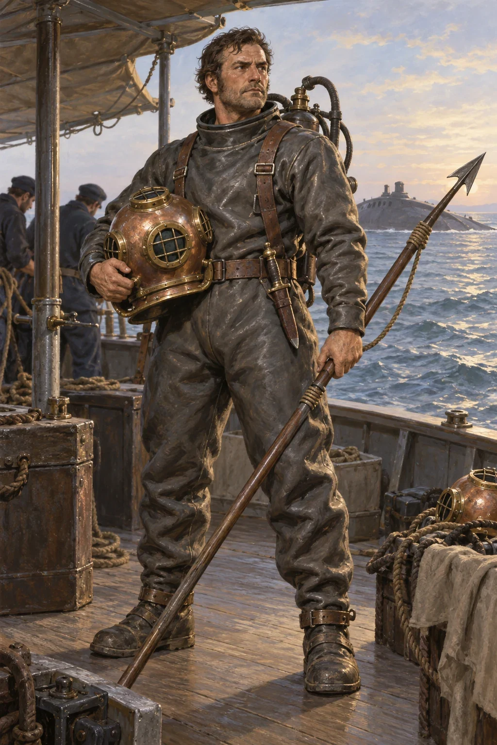 Unofficial AI interpretation of Ned Land in a rubber diving suit holding a copper helmet and harpoon in an excursion boat.