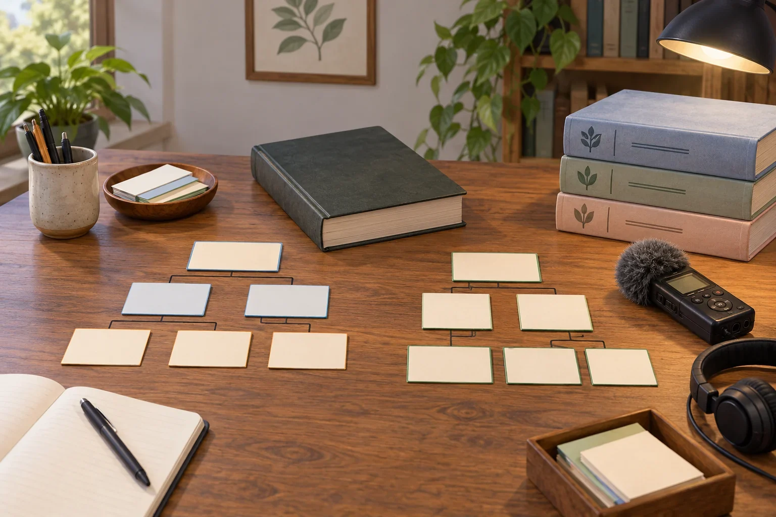 Imagined Shiwiar language-resource desk with nested blank clause cards