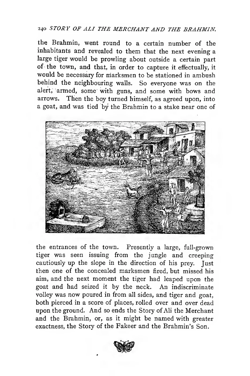 The transformed master as a tiger approaches his pupil as a tied goat while townspeople prepare their ambush, original 1892 illustration