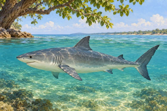 Complete imagined shark swimming beneath coastal branches.