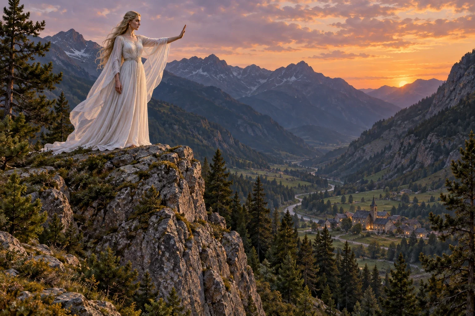 AI imagined White Lady warning above a valley. Face, gown design, rock and scenery invented; selected guardian phase, not a sculpture copy or historical portrait.