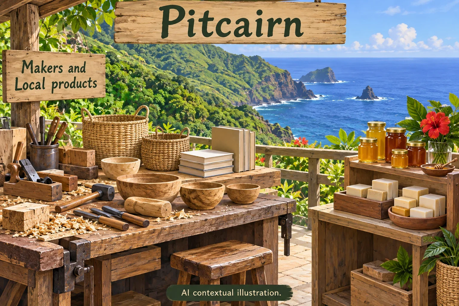 AI concept of Pitcairn makers and local island products.