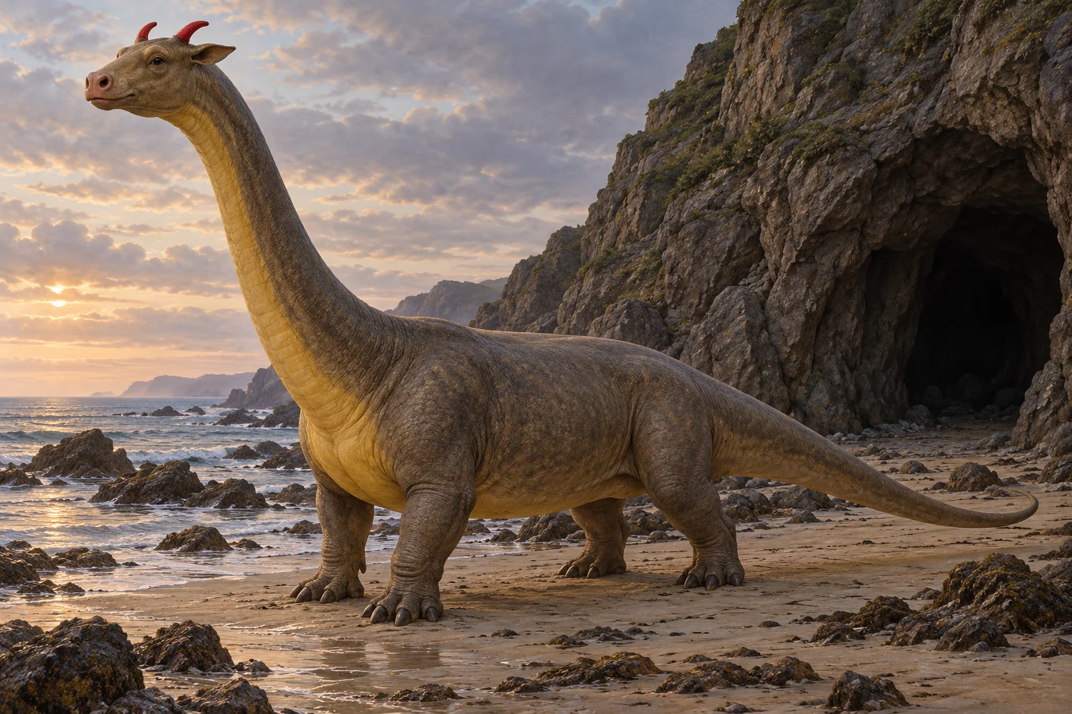 Complete long-necked imaginary creature beside a coastal cave.