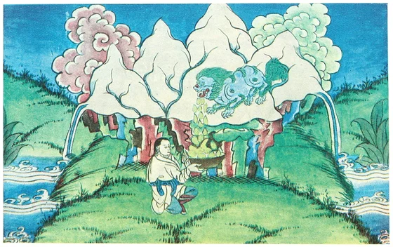 Gold-giving stone lion pouring gold into the woodcutter’s bucket, anonymous Tibetan illustration published 1906