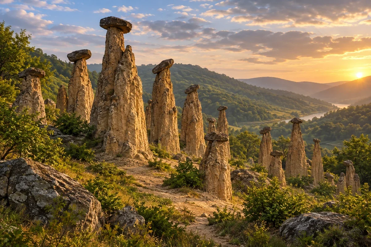 AI metaphor for the petrified-party legend. Landscape imagined.