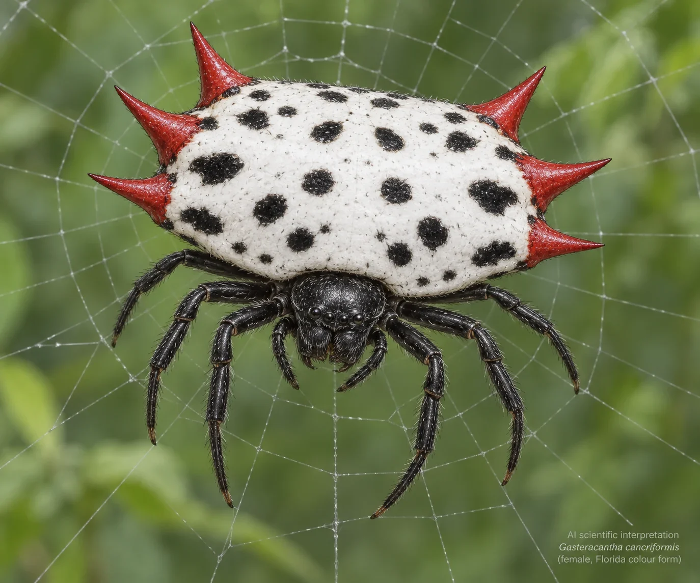 AI orbweaver with six red abdominal spines, white dorsum and black legs.