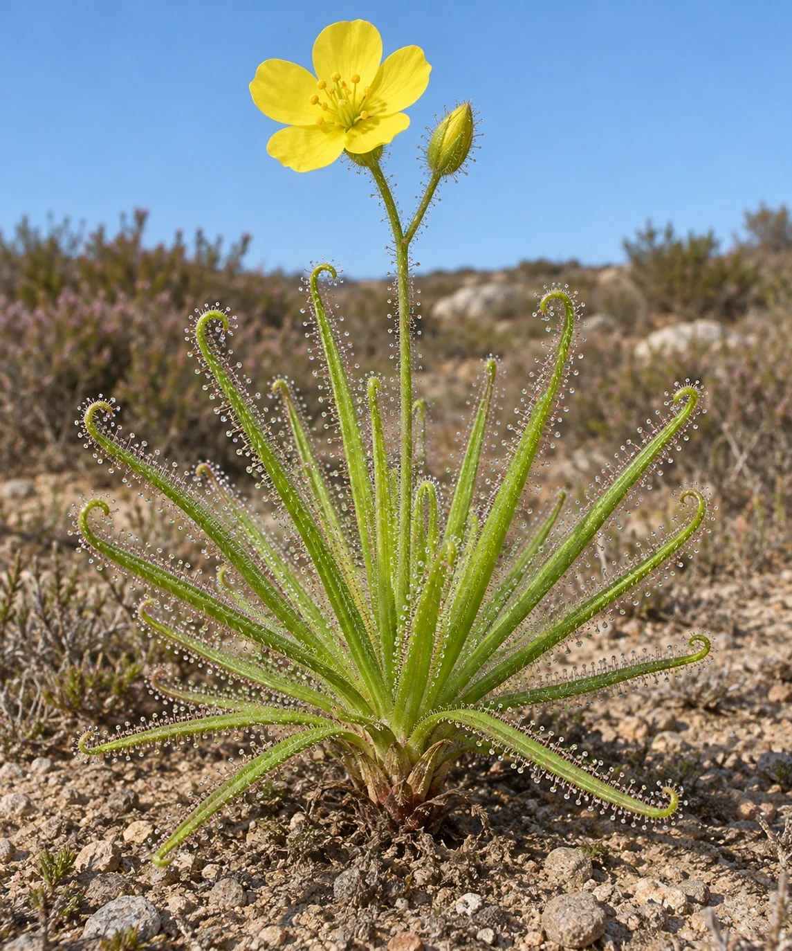 Modern AI interpretation of sticky Drosophyllum rosette.