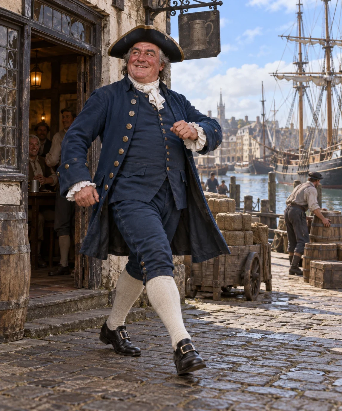 Imagined Squire Trelawney in stout blue clothing steps outside a dockside inn beside moored sailing ships.