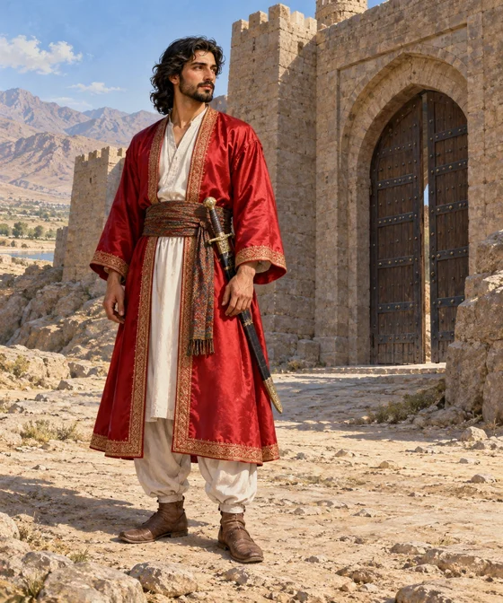 An adult man in a red silk outer garment stands by a fort with a sheathed sword