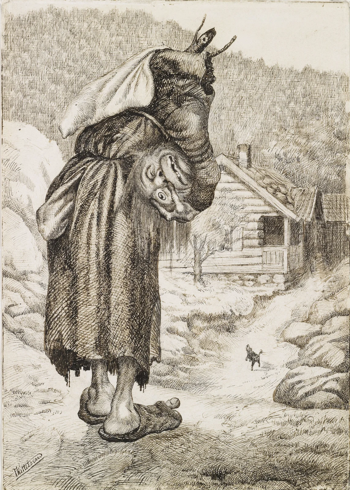 Kittelsen’s towering hag carries her detached head beneath one arm and a large sack on her back while approaching a cottage; a small barking dog stands on the path.