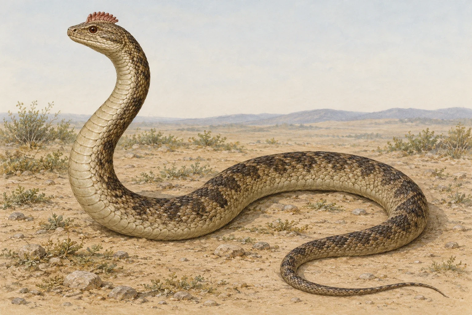 Interpretation of Topsell’s wingless crested serpent raised partly upright on sandy ground