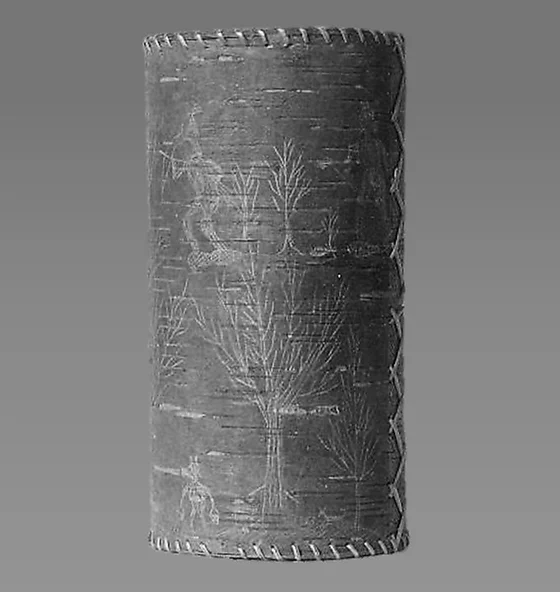 Late-nineteenth-century Mi’kmaq birch-bark vessel with stitched edges and incised trees and animals, catalogued as Drum or Container by the Met