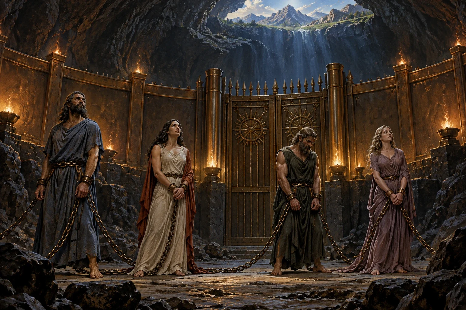 Four imagined robed divine figures stand loosely chained before bronze gates in a cavern.