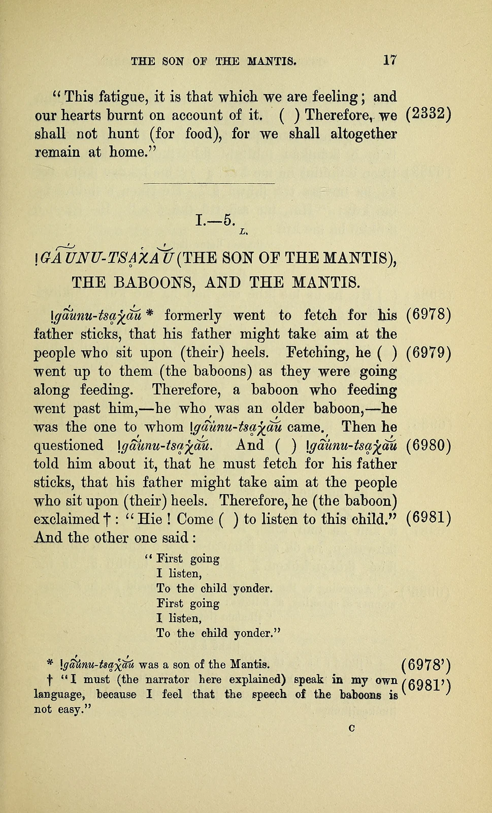 The Son of the Mantis and the Baboons, page17, historical printed text witness; documentary source-page facsimile