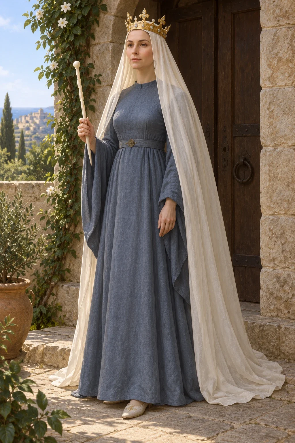 A crowned woman with a long pale veil holds an ivory-colored wand beside a doorway.