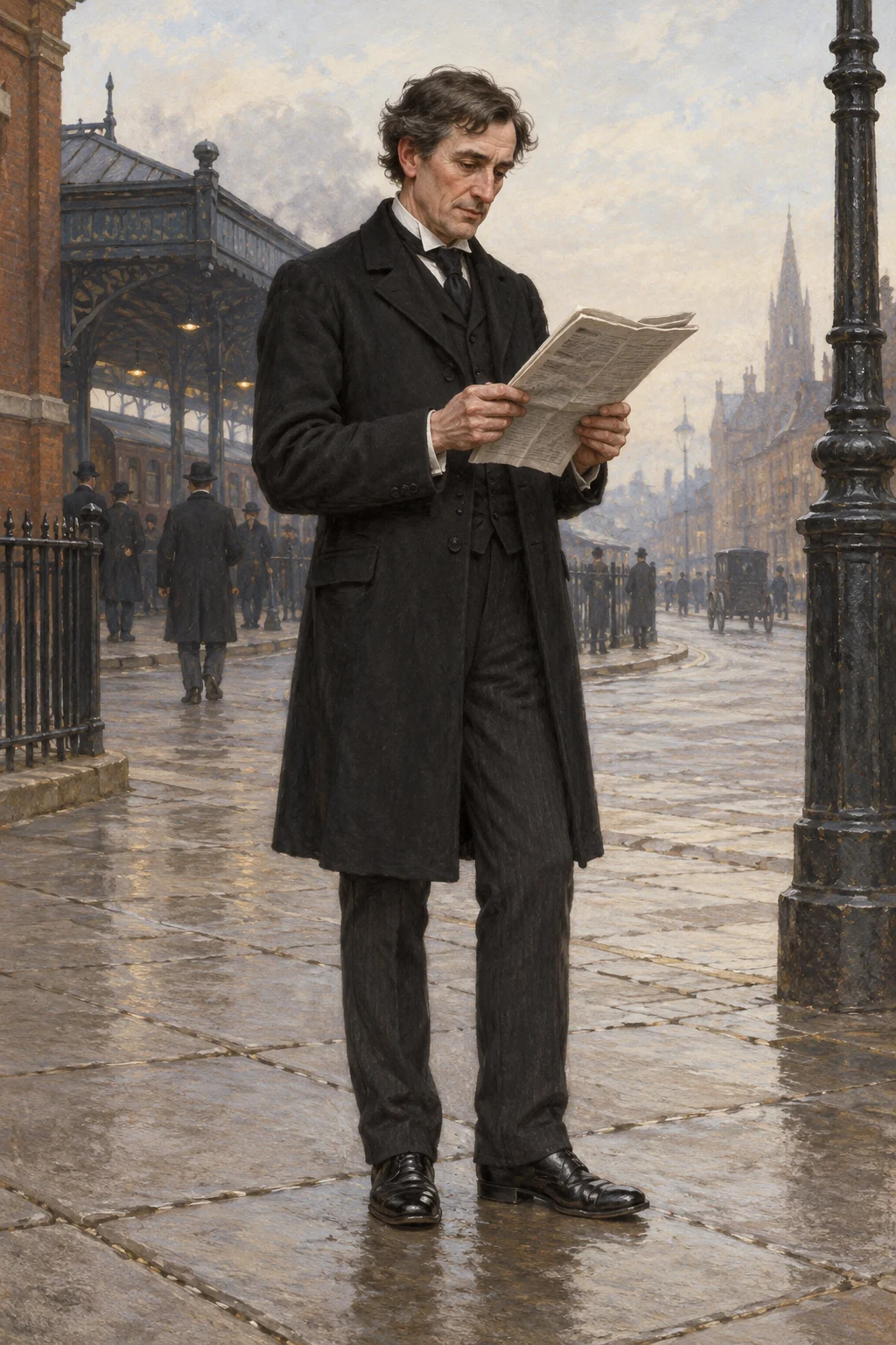 An imagined complete Thomas Shap in a black frock-coat, holding a folded newspaper.