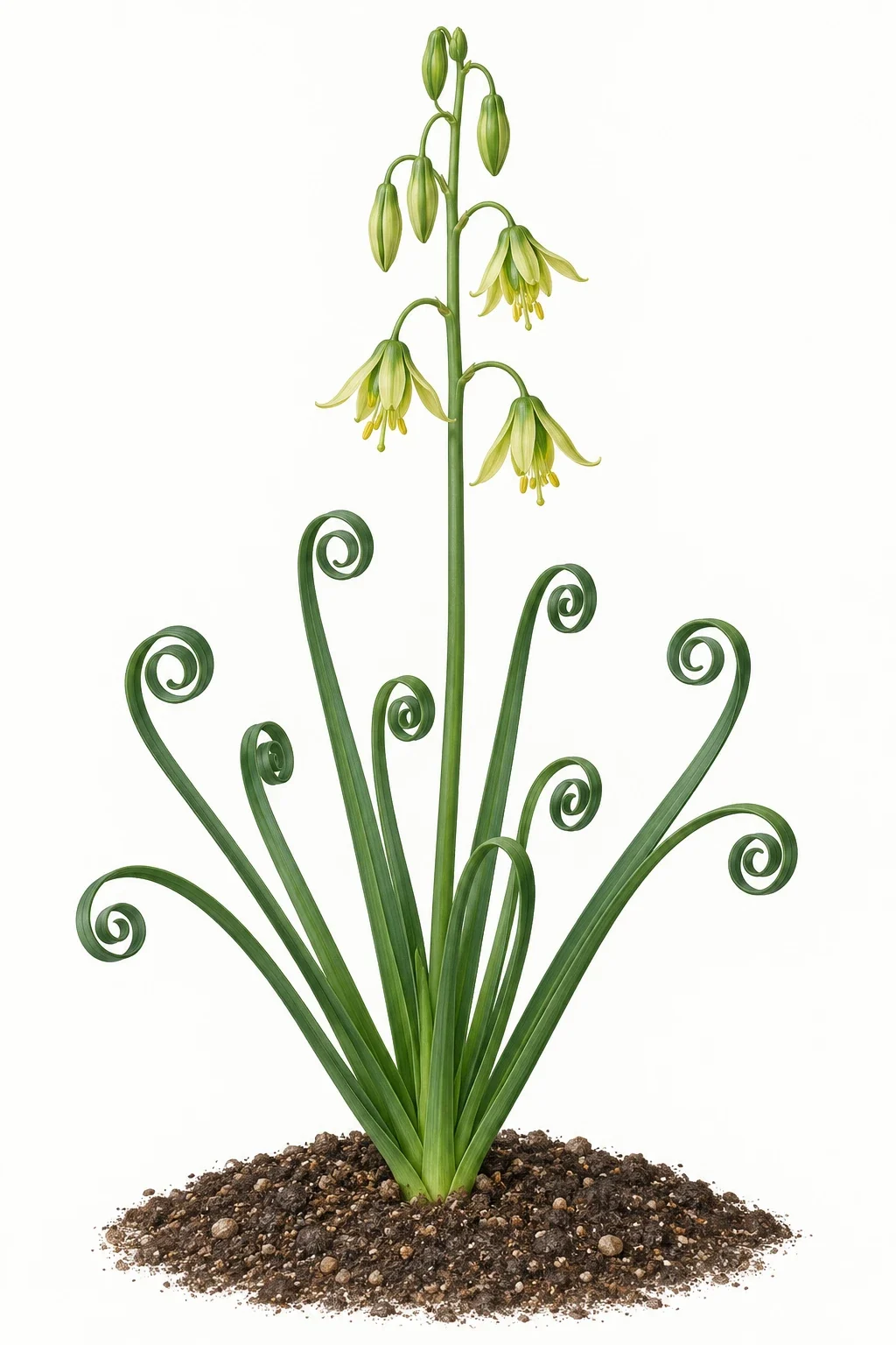 Modern AI botanical interpretation of a whole flowering corkscrew albuca.