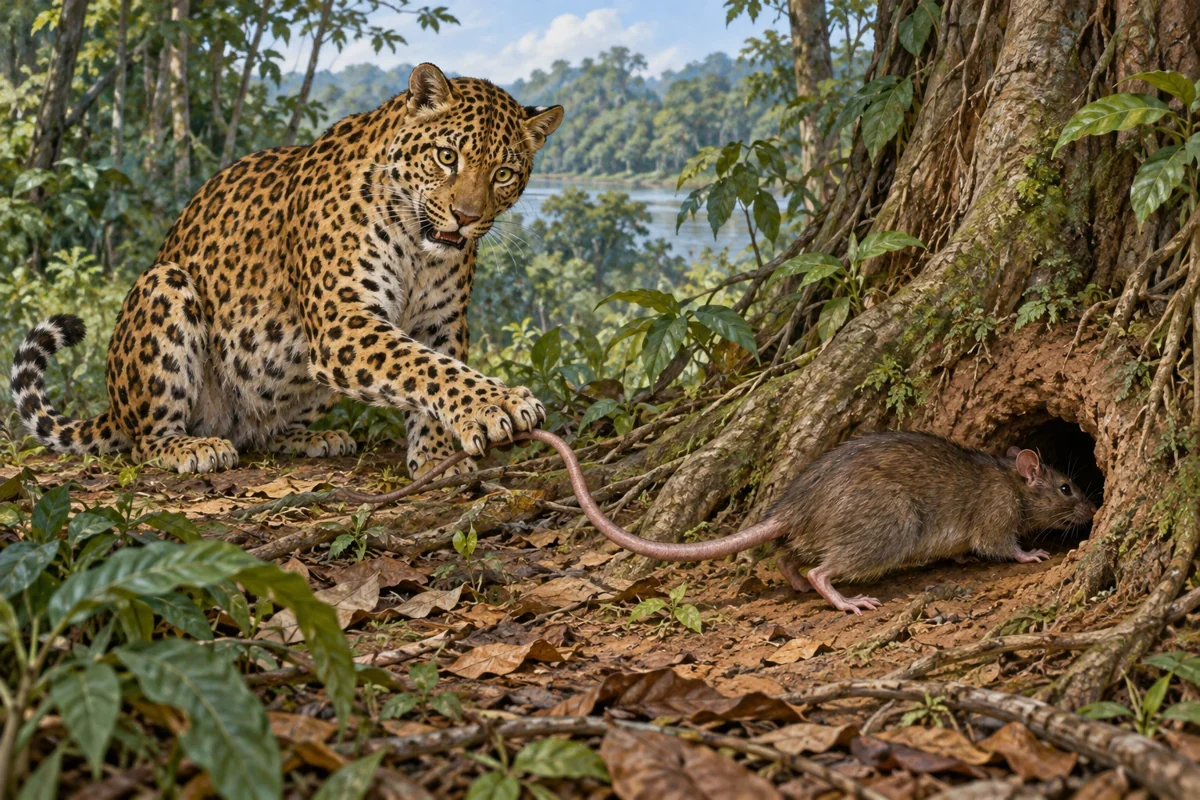 AI interpretation of Ntori’s rootlet trick. Animal designs and forest are imagined; selected Mpongwe narrative scene, not ethnographic evidence.