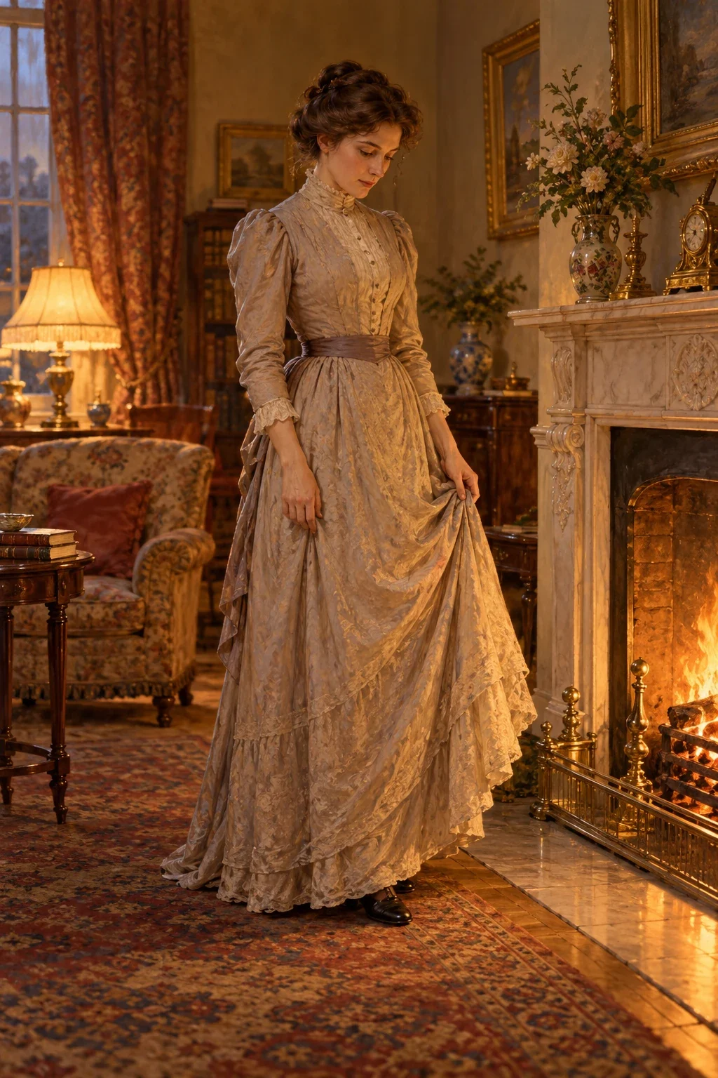 Interpretation of Mrs. Alsager at her drawing-room fire; precise appearance and dress are imagined.