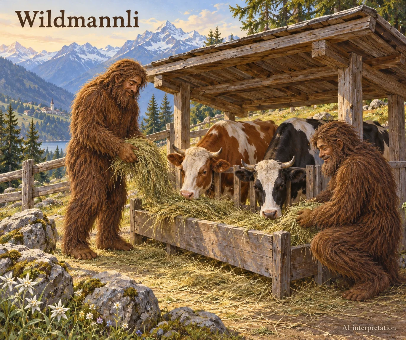 Hair-covered Wildmannli feed hay to cattle.