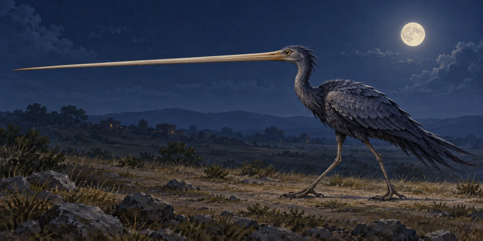 Complete imagined bird with an exceptionally long intact beak beneath moonlight.