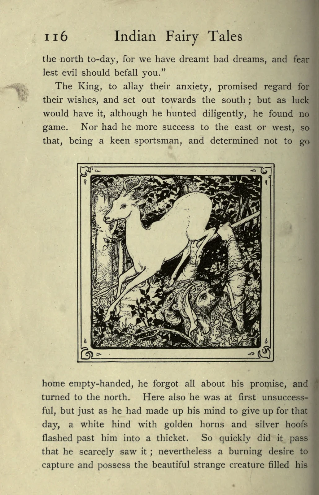 Batten: the white hind leaps above the hunter in The Son of Seven Queens
