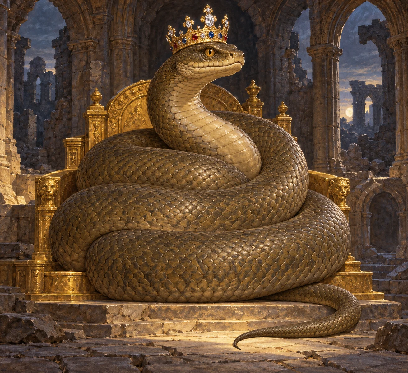 A massive olive-brown snake rests in a complete coil on a golden seat, its raised head wearing a jewelled crown.