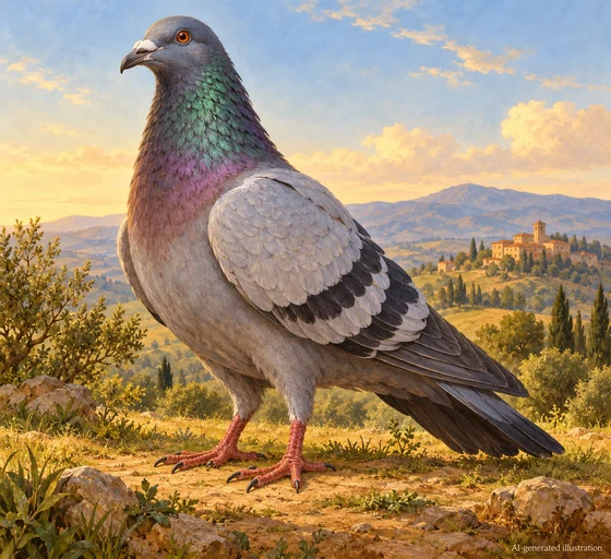 An imagined large pigeon stands after landing, with its wings folded and full tail visible.