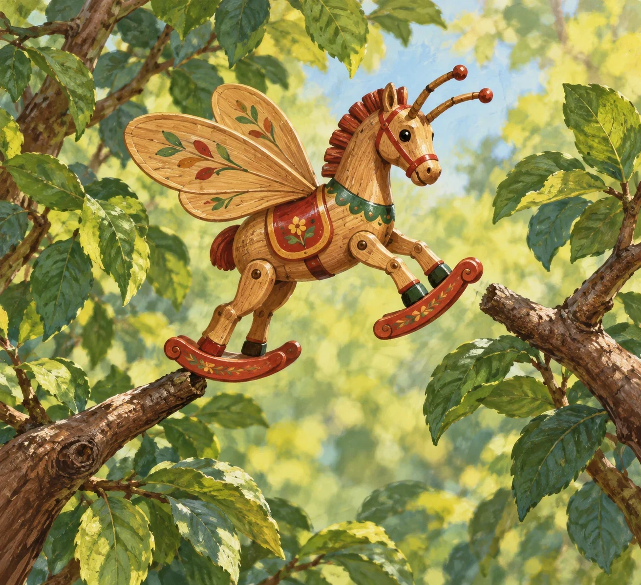 Unofficial AI interpretation of Carroll’s entirely wooden Rocking-horse-fly between branches. Toy anatomy, carved wings, rockers, paint colours, decorative motifs, pose and woodland are imagined; the book specifies wood, swinging movement and sap-and-sawdust diet.