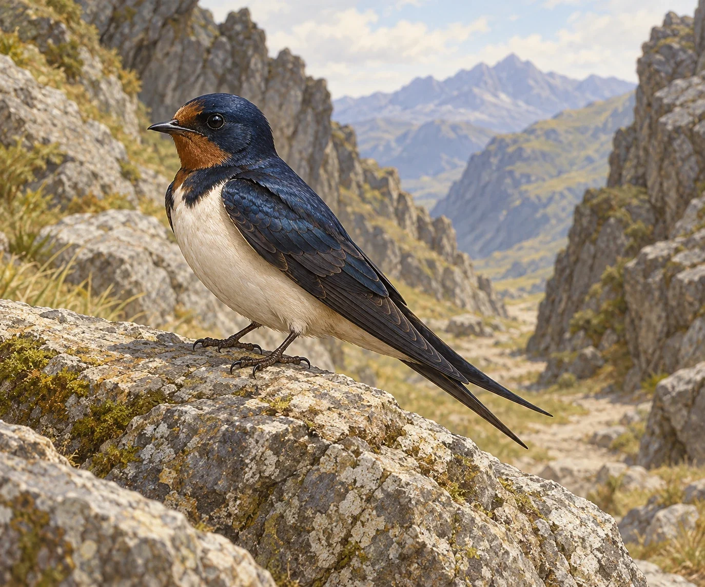 Complete swallow-shaped bird perched on a rock ledge in a mountain passage.