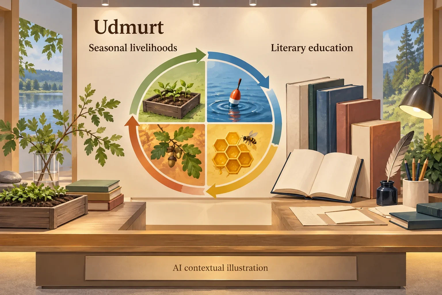 AI concept of Udmurt museum learning about seasons and literary heritage.