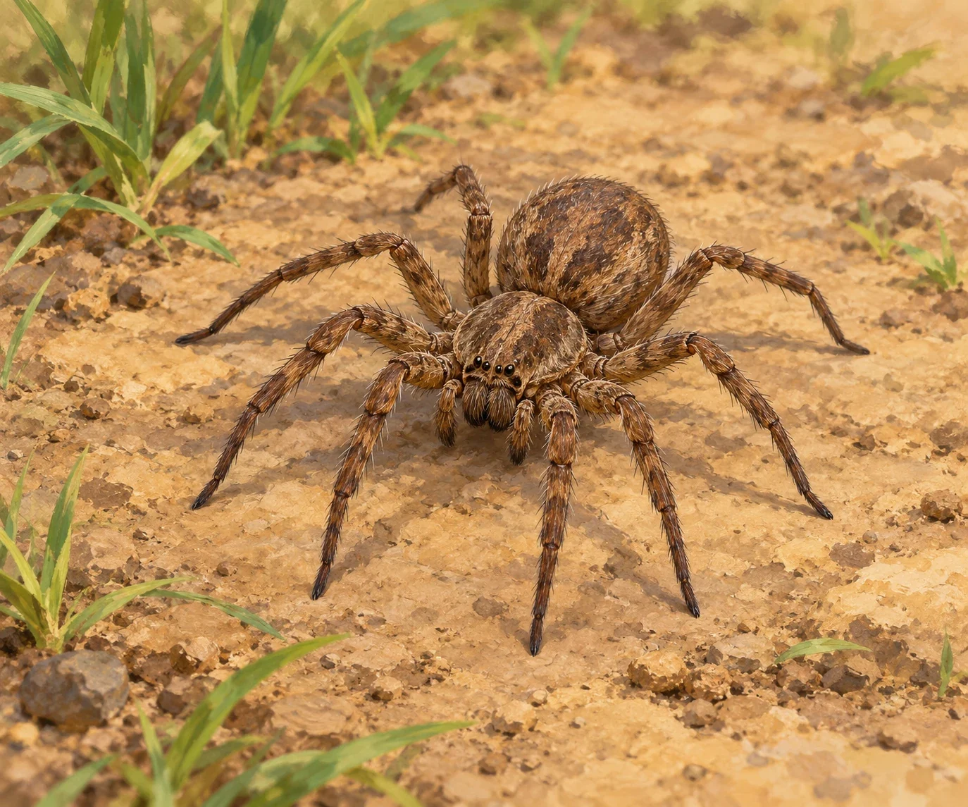 A brown spider rests on a small patch of earth.