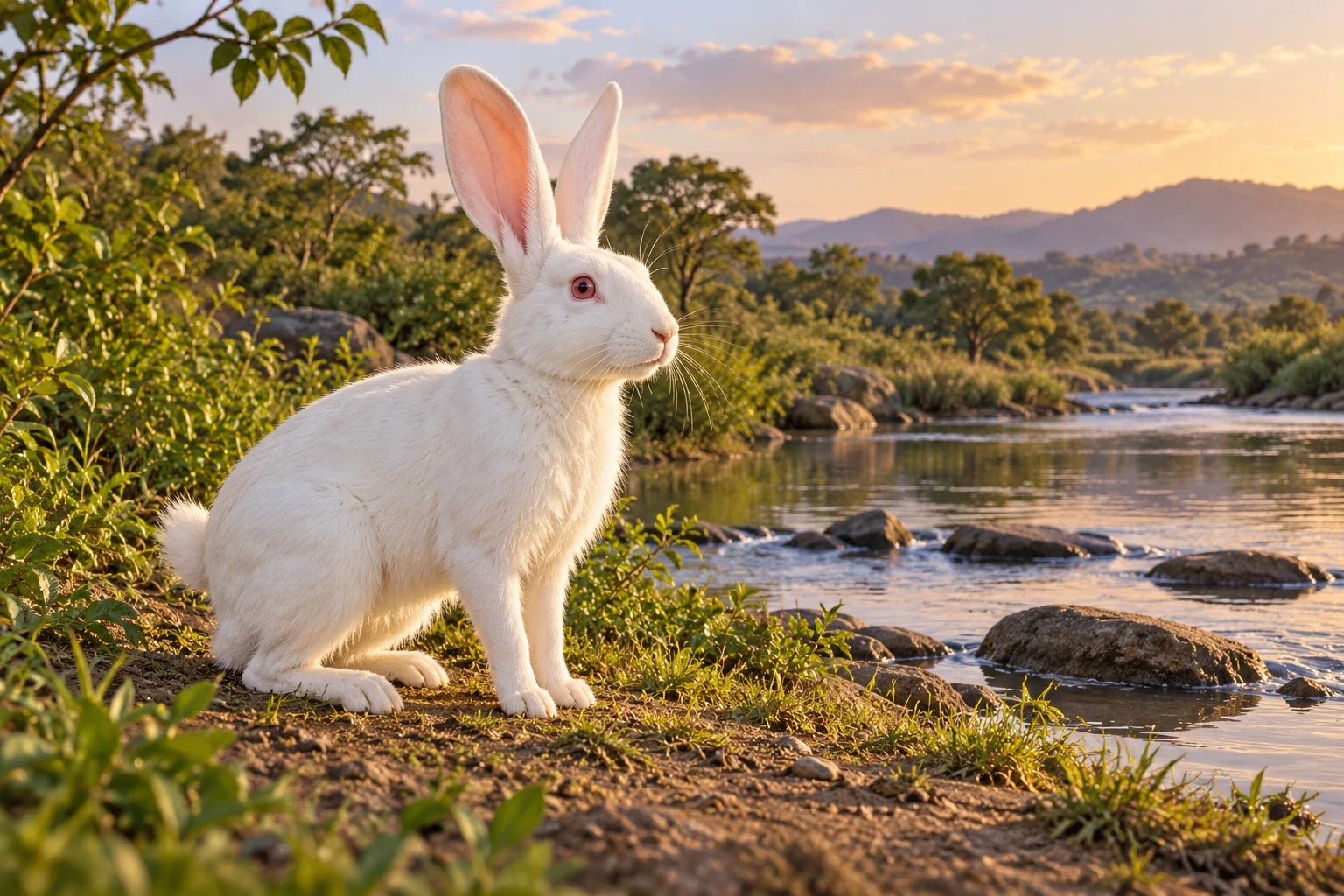 A large white rabbit with pink eyes rests beside a quiet river and stepping rocks.