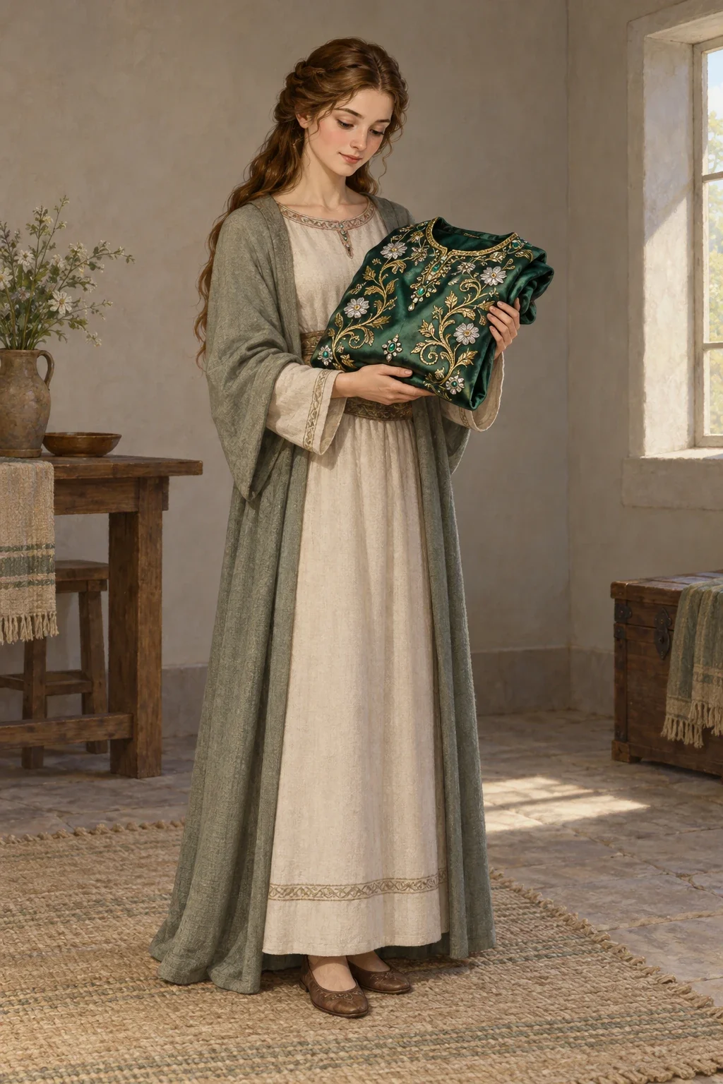 AI-generated grown Lineik holding the completed green embroidered tunic in Hall’s tale