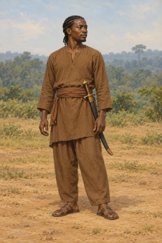 A man with plaited hair and a sheathed curved sword stands on earthy ground.