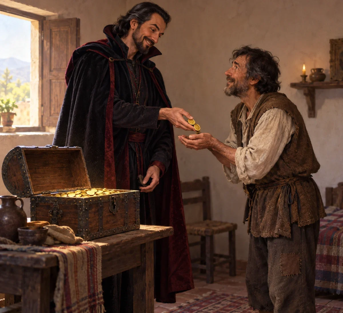 AI interpretation of Cantuña’s treasure gift. Figures and setting imagined.