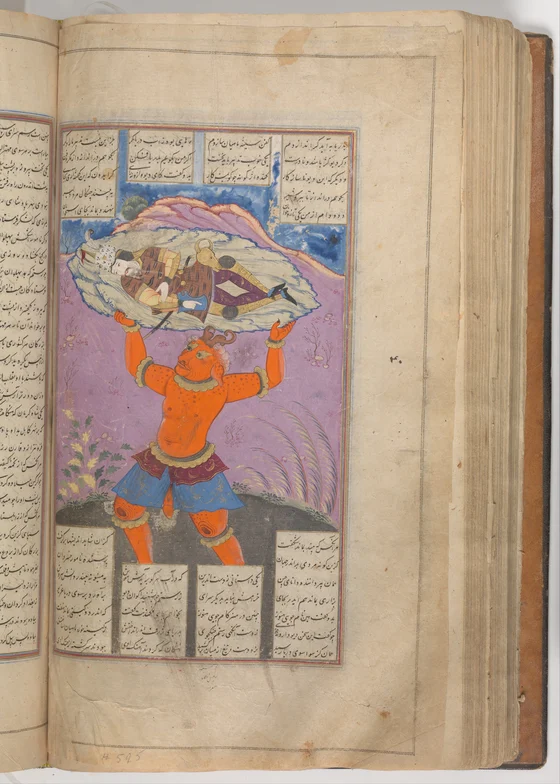 Mu’in Musavvir’s orange Akvān Div lifting sleeping Rustam on a slab of earth