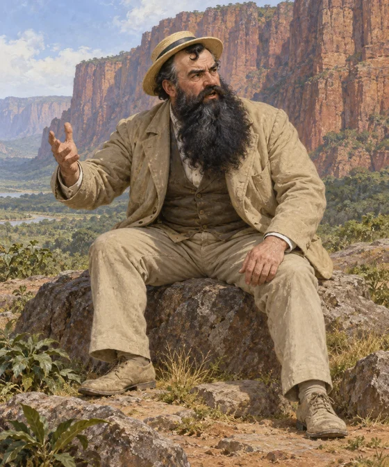 Unofficial AI interpretation of Challenger presiding from a rock beneath the plateau cliffs. His beard, build, eyes and straw hat follow the novel; exact pose, clothes and environment details are imagined.