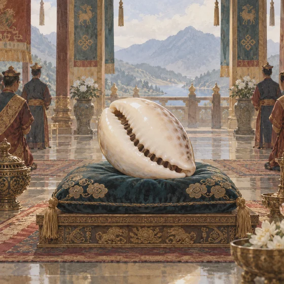 A large cowrie shell rests in a royal court.