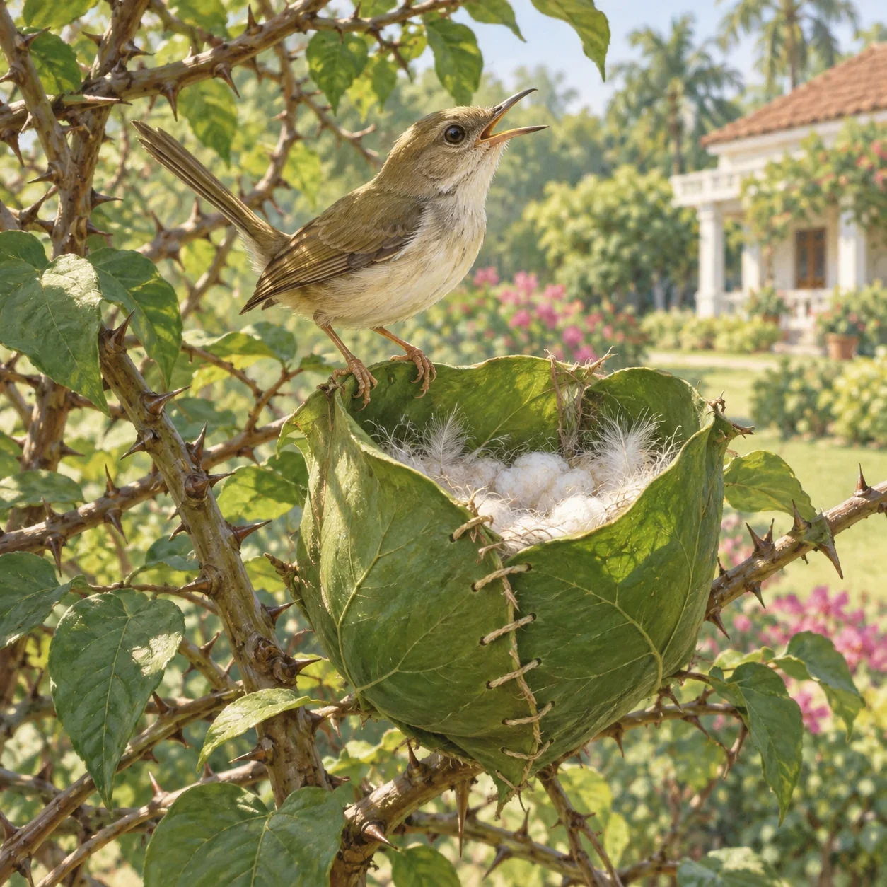 Unofficial AI interpretation of Darzee singing from his stitched two-leaf nest with cotton and down lining. Plumage, fine anatomy, stitching layout and garden architecture are imagined literary staging; this is not a precise species plate or historical artwork.