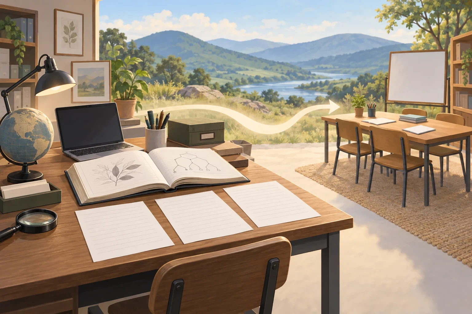 Imagined ancestral-language archive and community learning desk.