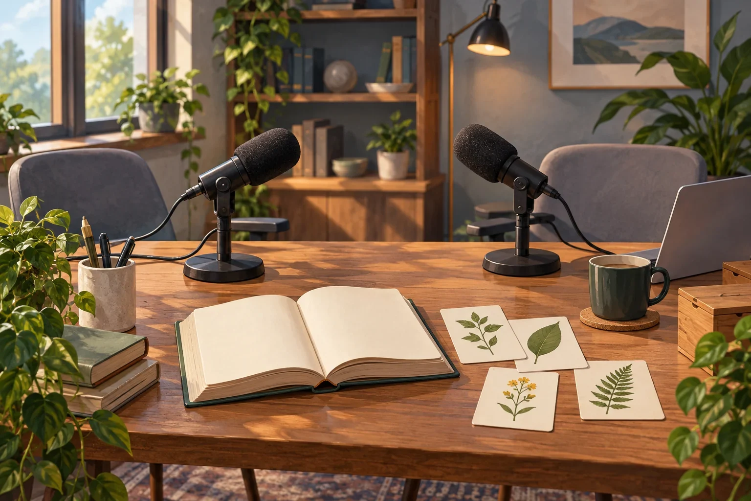 Imagined cooperative narration tools and plant-vocabulary research cards.