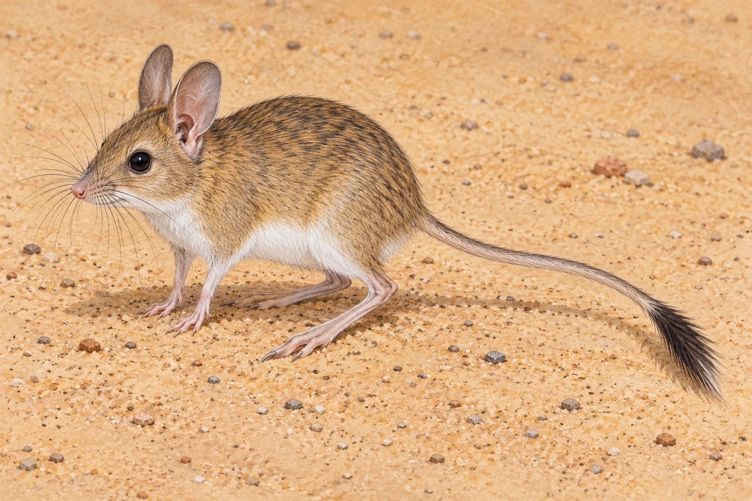 Sandy mouse with long hind feet and brushed tail.