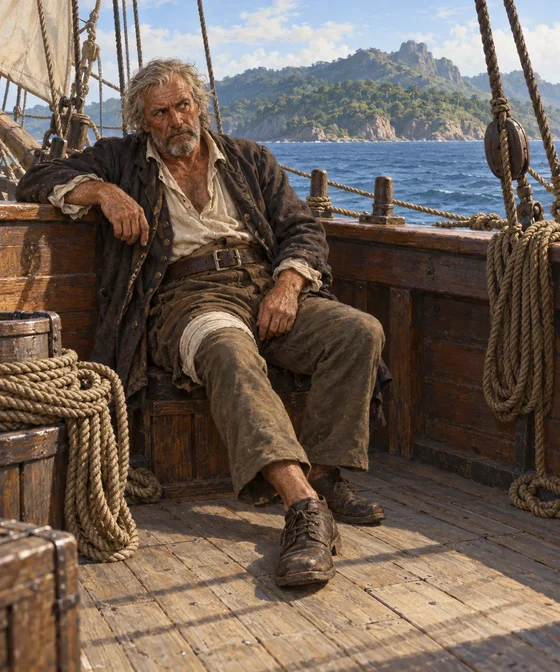 Modern AI interpretation of Israel Hands resting against the Hispaniola bulwark during the sailing bargain.