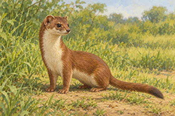 Complete imagined weasel-like animal with four visible paws and a full tail.