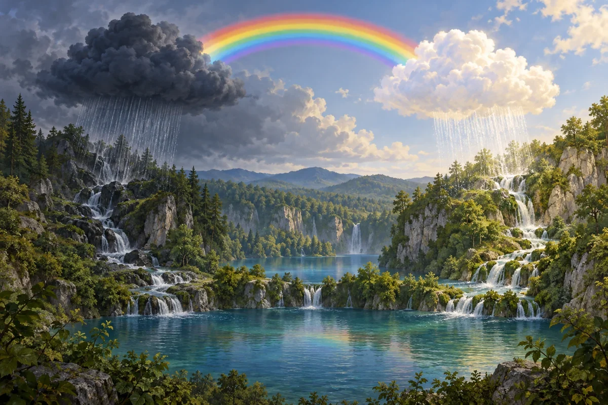 AI interpretation of Plitvice’s rain legend. Landscape imagined.