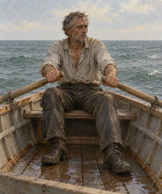 AI interpretation of Billie, the oiler, alive and weary at the oars in Crane's The Open Boat.