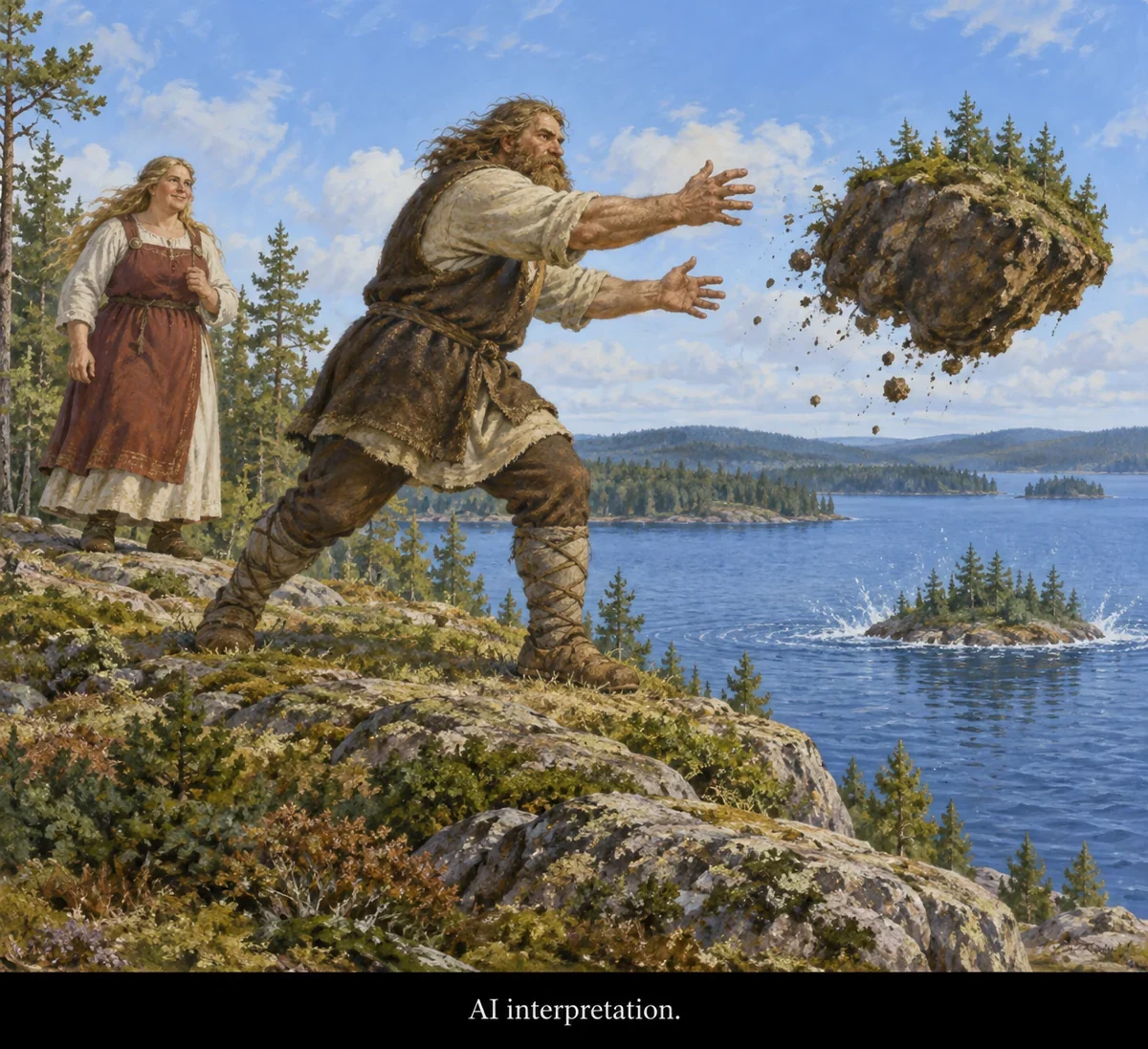 AI interpretation of Vist making Visingsö. Giants and landscape imagined; no sculpture copied.